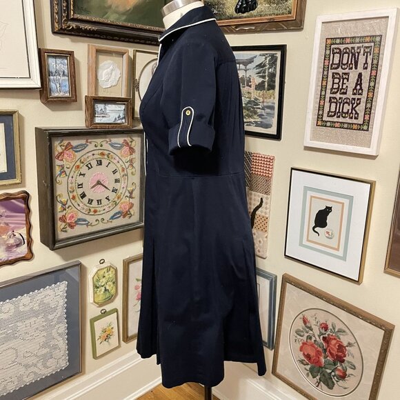 Jones New York Navy Stretch Cotton Blend Button-Front Short Sleeve Dress Size 12 - Picture 2 of 6